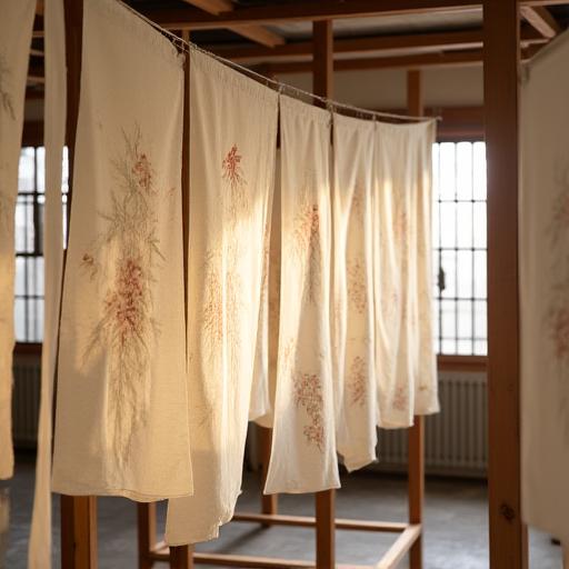 摺り上がったからかみが工房で乾燥されている風景