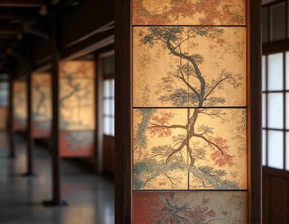 修復された古い寺院の襖